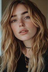 Naklejka premium Young woman with wavy hair and freckles in natural light indoors