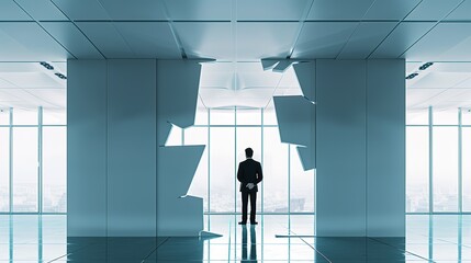 Corporate Restructuring - Confident Executive with Company Model in Sleek Empty Office Space