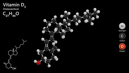 Molecule of Vitamin D3 or cholecalciferol (C27H44O) is a fat-soluble vitamin produced in the skin upon UVB light exposure. Black background. 3d illustration