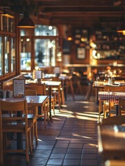 Cozy empty restaurant with warm lighting and wooden decor in the afternoon