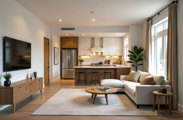 Fototapeta premium Interior of a dining room-living room with upholstered furniture and large windows. Cozy modern room