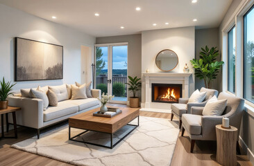 Interior of a bright living room with a fireplace, upholstered furniture and large windows. Cozy evening atmosphere