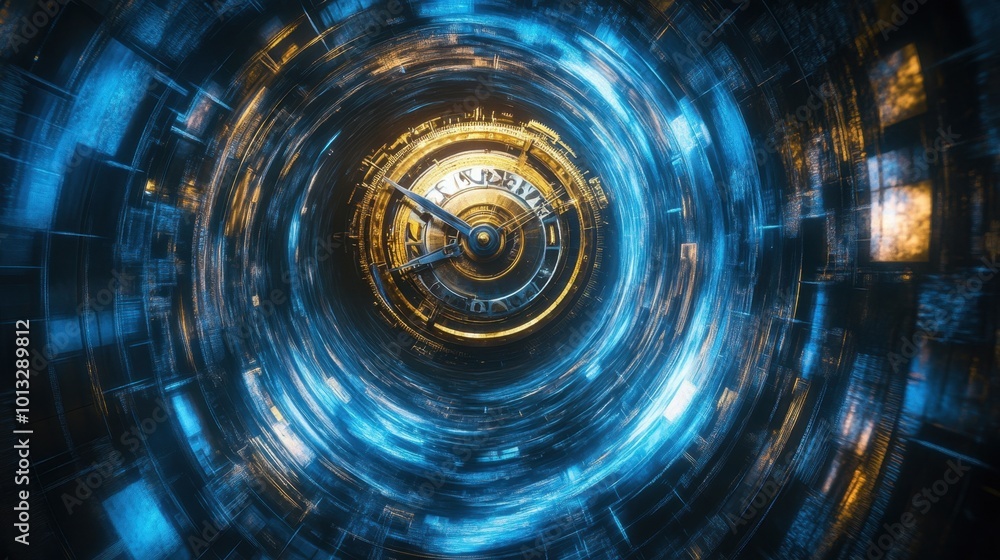 Poster abstract time travel scene with a clock mechanism rotating in a blue vortex, representing the leap t
