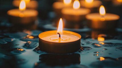 Memories day, candles on dark surface.