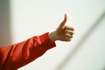 person giving thumbs up in red jacket