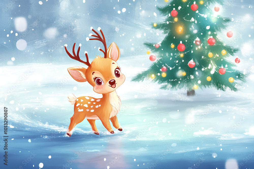 Canvas Prints Cute baby animal sliding on frozen river illustration. have fun in winter. Little reindeer having fun on the ice rink. Winter holiday background with festive Christmas tree