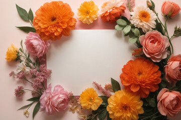 Beautiful floral greeting card designs with vibrant flowers surrounding blank cards, perfect for weddings, invitations, or events.