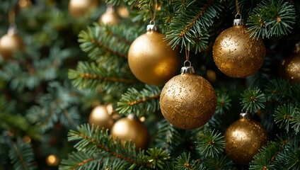 Fototapeta premium Shimmering golden ornaments on a lush evergreen tree.
