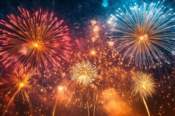 Fototapeta premium Colorful fireworks exploding in the dark night sky for new year's eve celebration