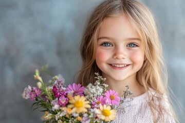 Fototapeta premium Smiling girl holding a bouquet of colorful flowers is happy