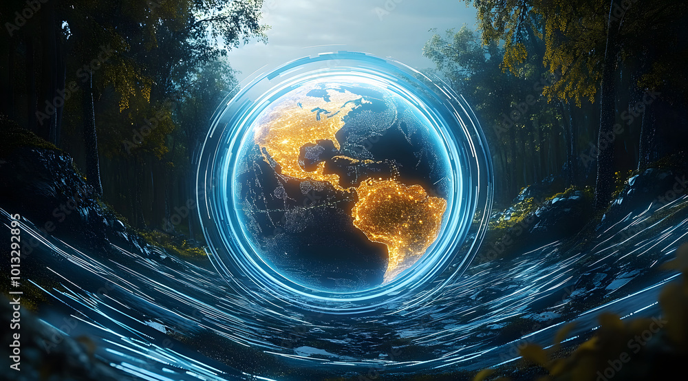 Poster glowing earth digitized within a futuristic technological framework.