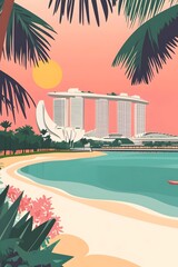 A vibrant illustration of a beach scene with palm trees and a modern resort building in the background.