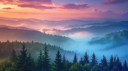 Obraz premium Foggy Valley with Pine Trees and a Colorful Sky