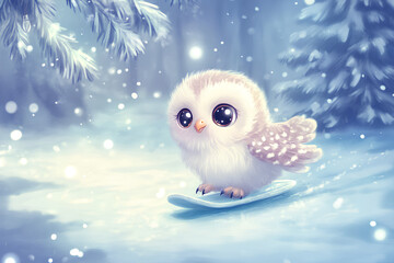 Obraz premium Cute baby animal sliding on frozen river illustration. have fun in winter. little snowy owl having fun on the ice rink. Winter holiday background with festive Christmas tree