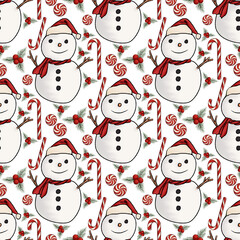 Snowman illustration for winter on transparent background. Wallpaper, background, fabric, wrapping