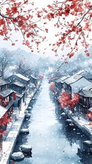 Naklejka premium A peaceful canal winds through a traditional Asian village, snow falling softly on the rooftops and cherry blossoms adding a touch of color to the winter scene.