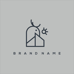line art house deer and sun logo vector