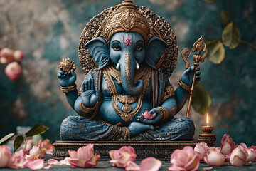 Obraz premium A serene statue of the Hindu deity Ganesha adorned with vibrant clothing and golden ornaments, surrounded by rose petal offerings in a tranquil atmosphere.