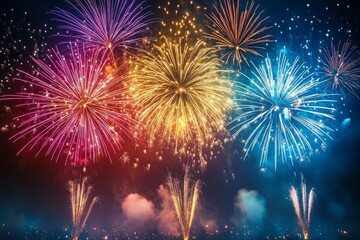Vibrant and exciting fireworks display fills the night sky with colorful explosions