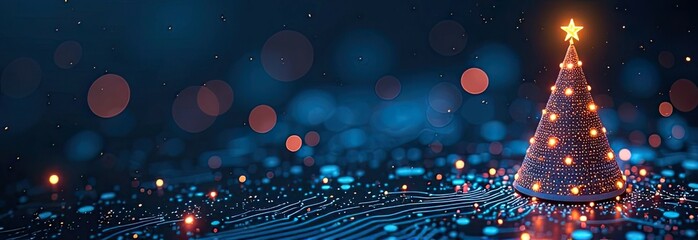 3D wireframe Christmas tree made of connected lines dots, resembling electronic ciruit board, with shining star on top, on dark blue tech background, banner with copy space. tech Christmas concept.