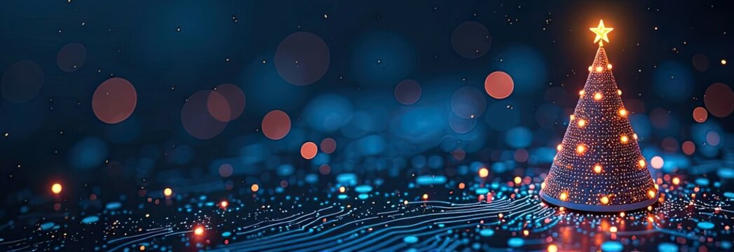 3D wireframe Christmas tree made of connected lines dots, resembling electronic ciruit board, with shining star on top, on dark blue tech background, banner with copy space. tech Christmas concept.