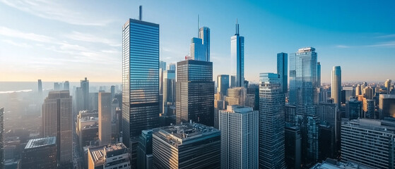 Aerial View of City Skyline with Skyscrapers and Buildings