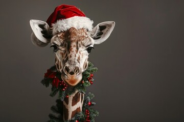 Giraffe wearing a Santa hat and a festive garland with pine branches and red berries, set against a plain background. Generative AI