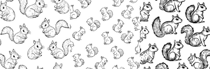 A squirrel illustration with seamless pattern design, drawn by hand in a modern style