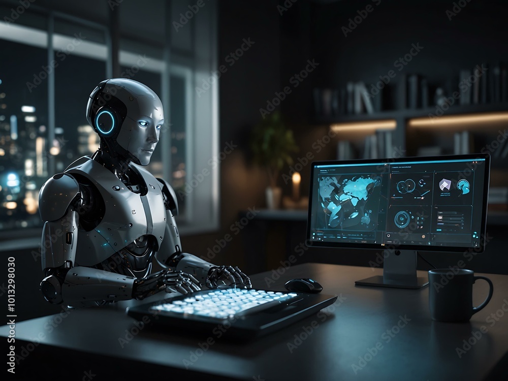 Poster sleek, modern tech setup with robots, ai, and digital interfaces.