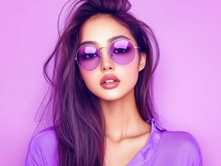 Fototapeta premium A stylish woman with purple sunglasses and hair against a vibrant purple background.