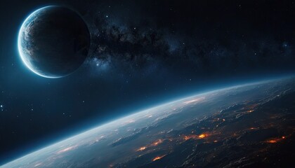 Blue planet earth with lights of night cities, view from space. 