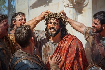 Christianity. Jesus is mocked by soldiers, given a crown of thorns before His crucifixion. (Matthew...