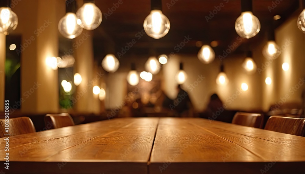 Poster blurred background from abstract cafe with wooden tables and golden lights in the background 9