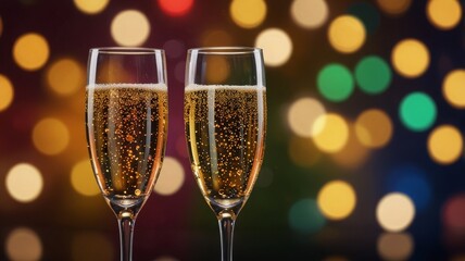 Two Champagne Glasses Sparkling Against Festive Bokeh Background, New Year banner