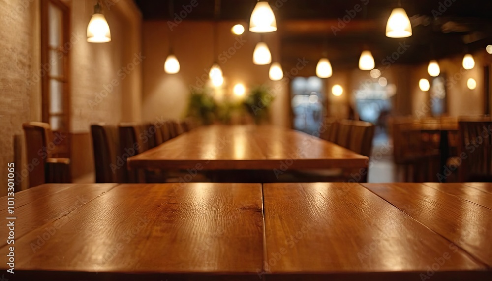 Poster blurred background from abstract cafe with wooden tables and golden lights in the background 3