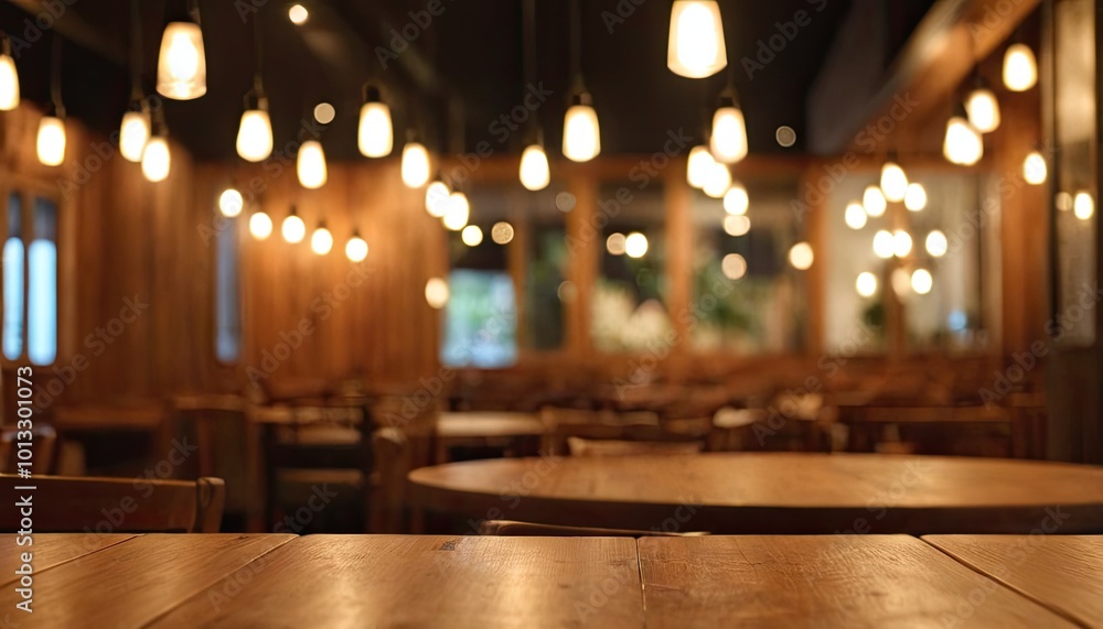 Poster blurred background from abstract cafe with wooden tables and golden lights in the background 2