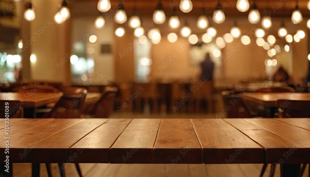 Poster blurred background from abstract cafe with wooden tables and golden lights in the background 1