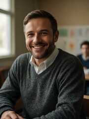 Smiling man in a classroom setting.