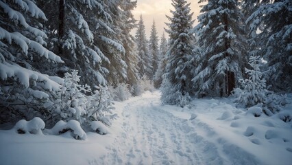 a vertical shot of a snowy forest in a snowy winter day
