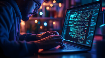 computer programmer, hacker printing code on laptop keyboard, secret organization system.