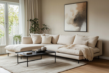 Minimalist living room featuring a light beige sectional sofa, abstract wall art, and a sleek black coffee table, ideal for modern interior design concepts.