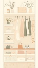 A pastel-colored illustration of an open wardrobe with , shoes, and accessories on shelves.