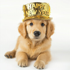 
A cute golden retriever puppy wearing a golden hat with the words "HAPPY NEW YEAR"
