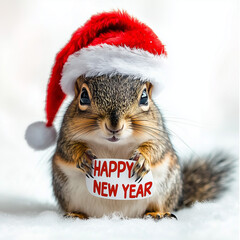 A cute squirrel wearing a red Santa hat with the inscription "HAPPY NEW YEAR", isolated on a white background.