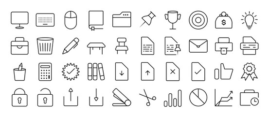 Business office icon set. Set of Business Office Related Vector Line Icons. Contains such Icons as Desk, Document, Clock, Folder, Printer, Task, money, and more. Office icons set - Vector