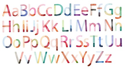 Handcrafted colorful watercolor alphabet featuring both uppercase and lowercase letters. Perfect for artistic design projects, educational materials, posters, invitations, and creative typography.
