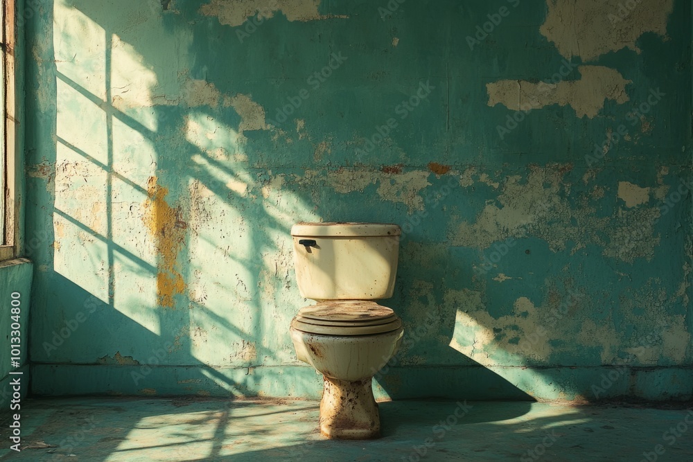 Aufkleber old rusty toilet in abandoned room with shadow patterns from window