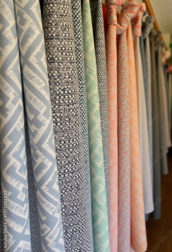 Poster intricately tied curtain knots hang gracefully in a textile shop, displaying a vibrant array of colo