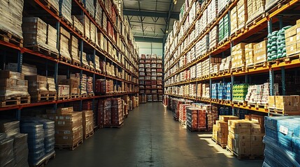 Rows of towering shelves stacked with pallets of goods in a large industrial warehouse, soft lighting casting long shadows, shot from a ground-level perspective to emphasize the height and scale,
