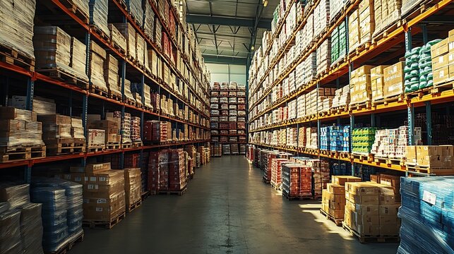 Rows of towering shelves stacked with pallets of goods in a large industrial warehouse, soft lighting casting long shadows, shot from a ground-level perspective to emphasize the height and scale,